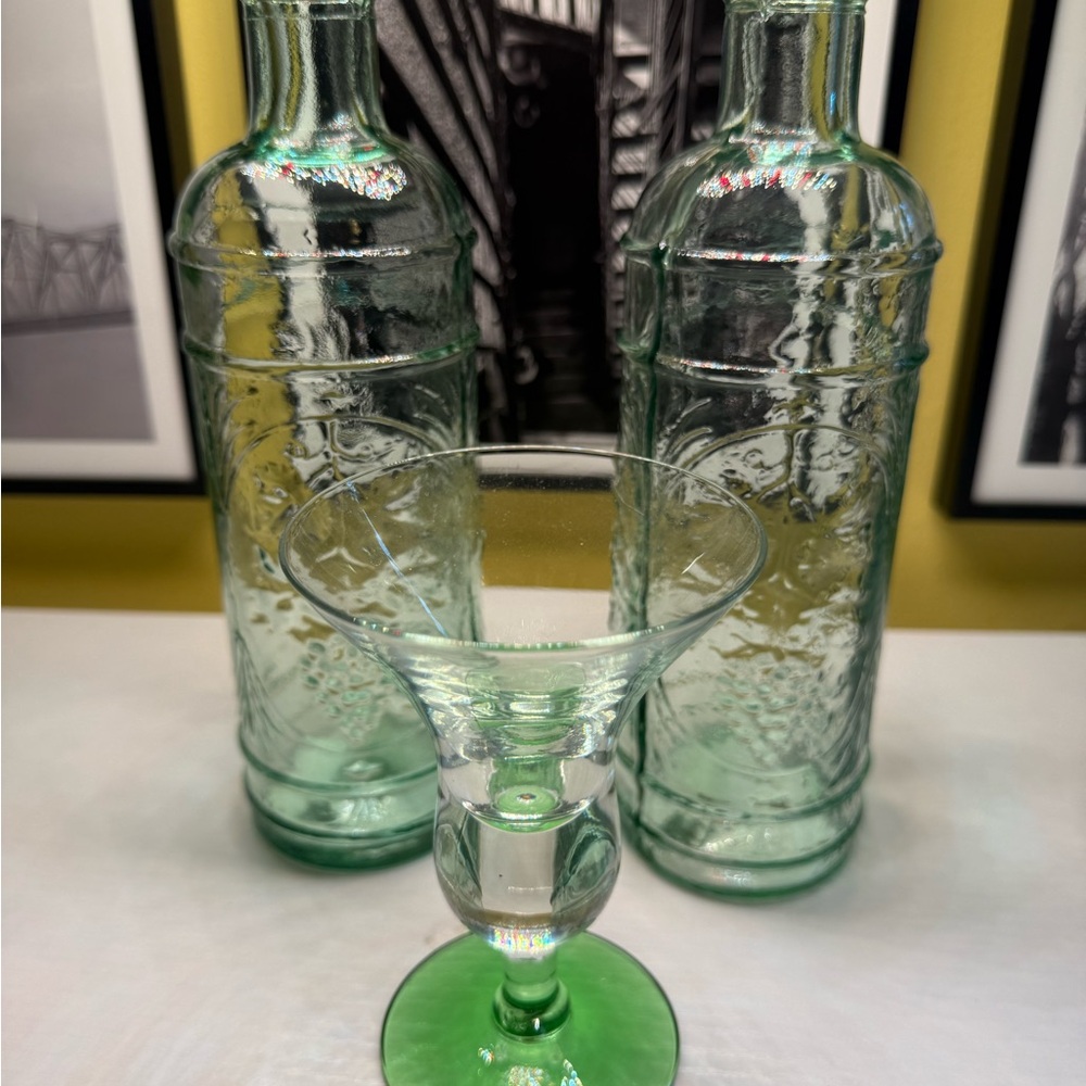 Vintage Empoli bottles with corks and matching goblet